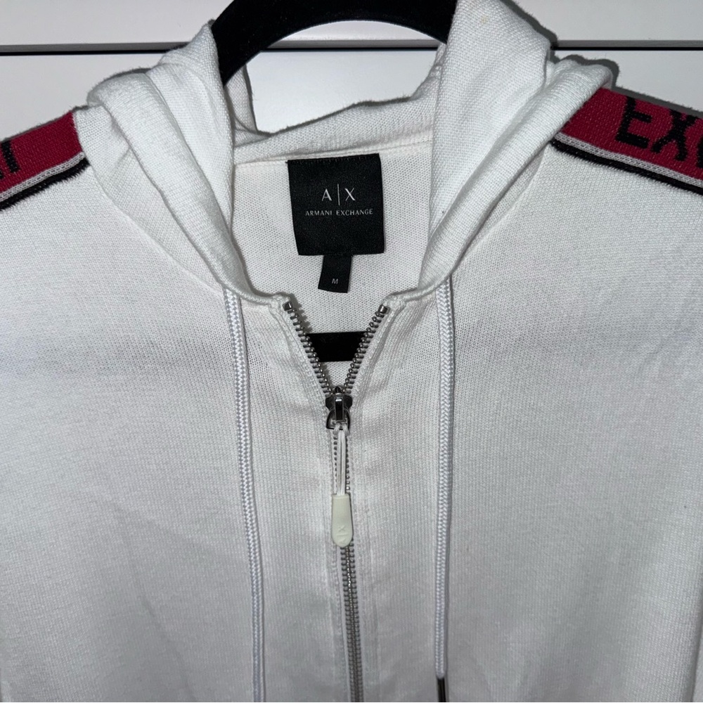 Armani Exchange Mens Zip Up Hoodie White & Red AX Arm Stripe Logo Sweater Medium - Picture 2 of 7